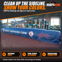 Thumbnail for Blue roller storage cover printed with Lowell Spinners and Boston Red Sox logos covering a field tarp roller along the infield