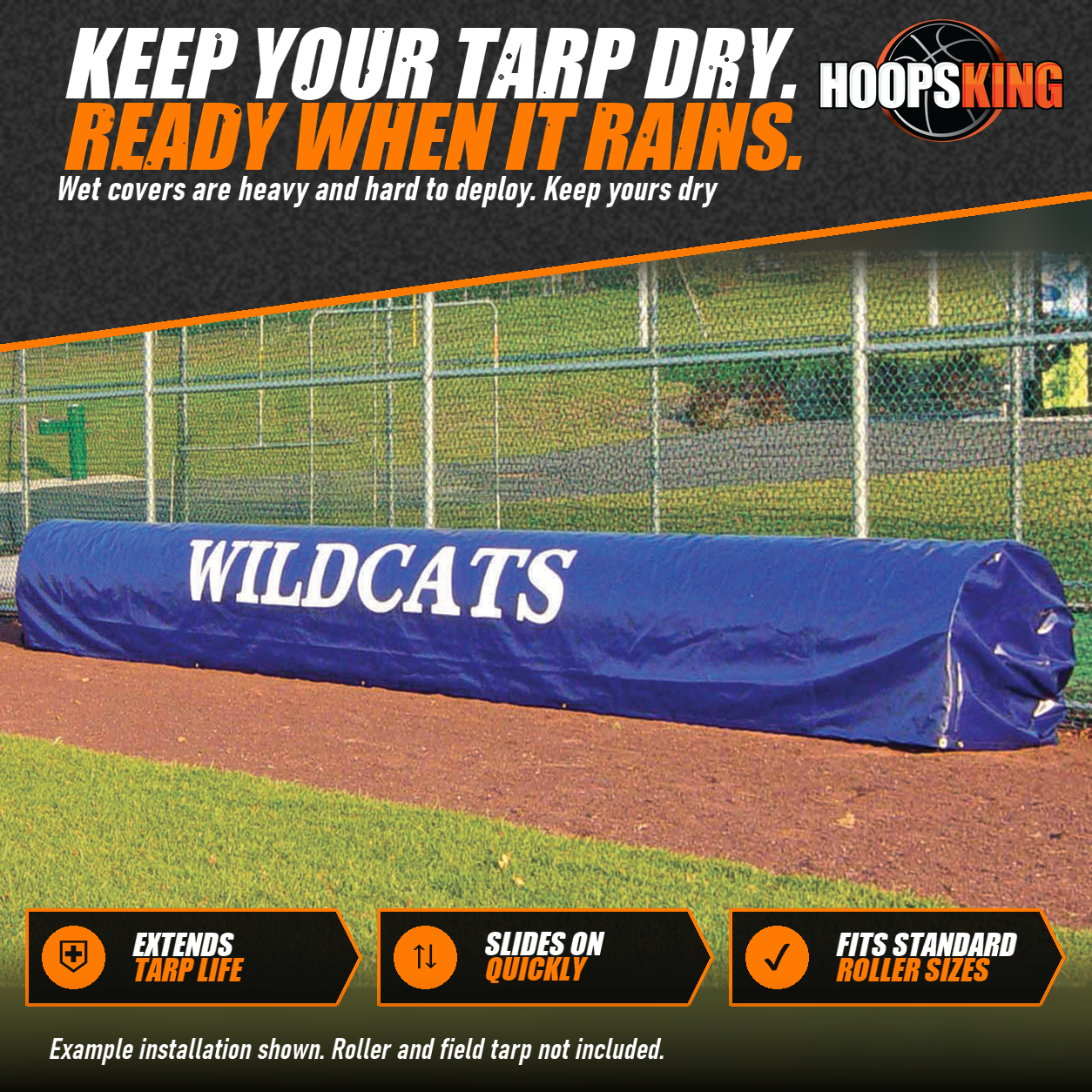 Navy roller storage cover printed with WILDCATS in white covering a rolled field tarp beside a baseball infield