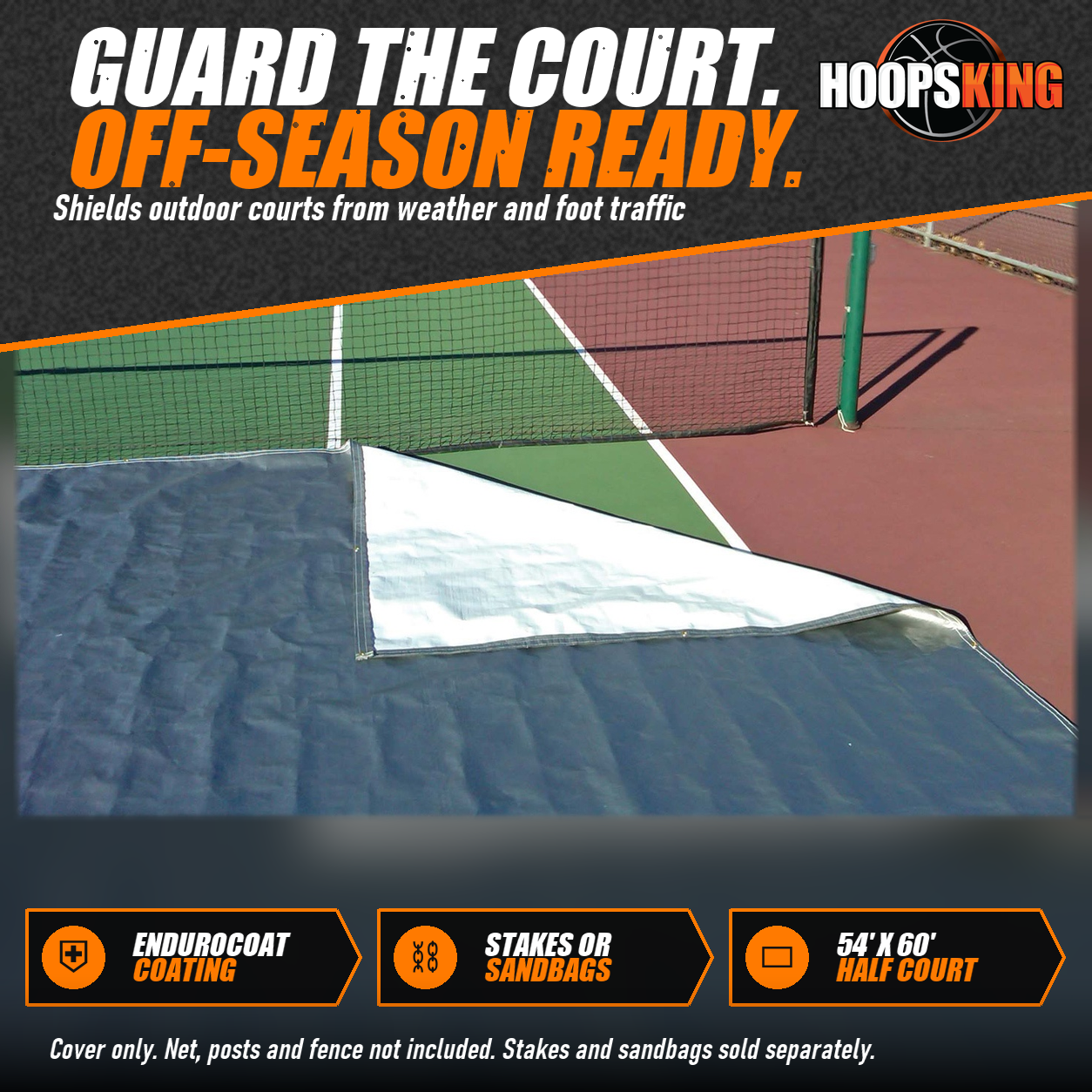 Silver and white FieldSaver tennis court cover spread on an outdoor court with one corner folded back near the net