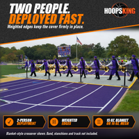 Thumbnail for Gray blanket-style track crossover with yellow edges laid across a purple track as a marching band walks over it