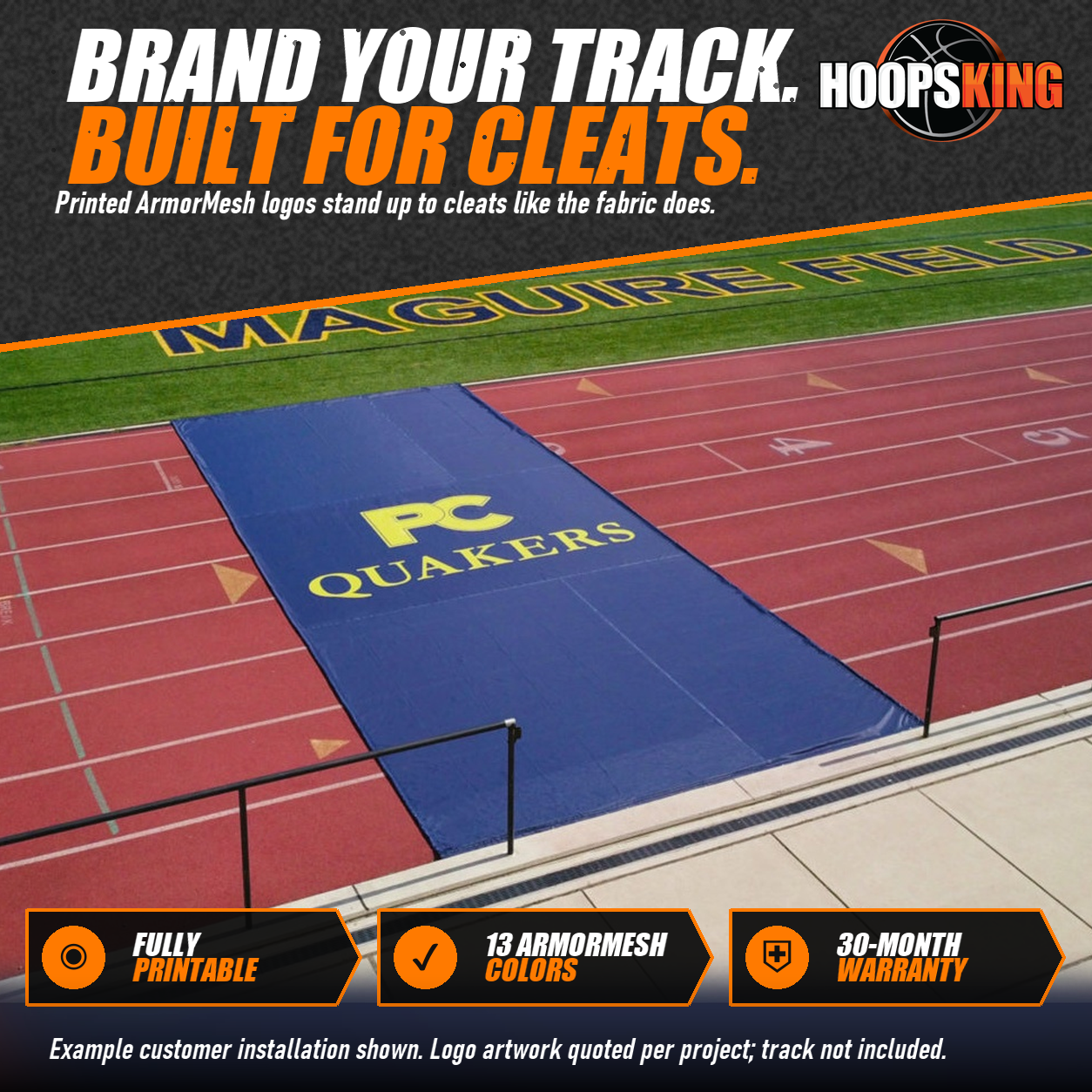 Navy ArmorMesh track cover printed with a yellow PC Quakers logo laid across a red running track next to a football field