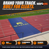 Thumbnail for Navy ArmorMesh track cover printed with a yellow PC Quakers logo laid across a red running track next to a football field