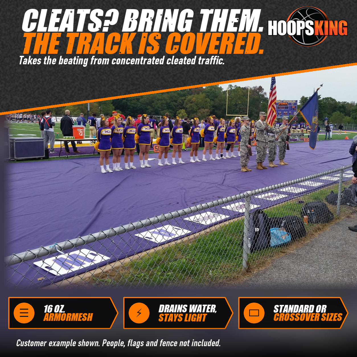 Large purple track protector covering a stadium track with cheerleaders and a color guard standing on it