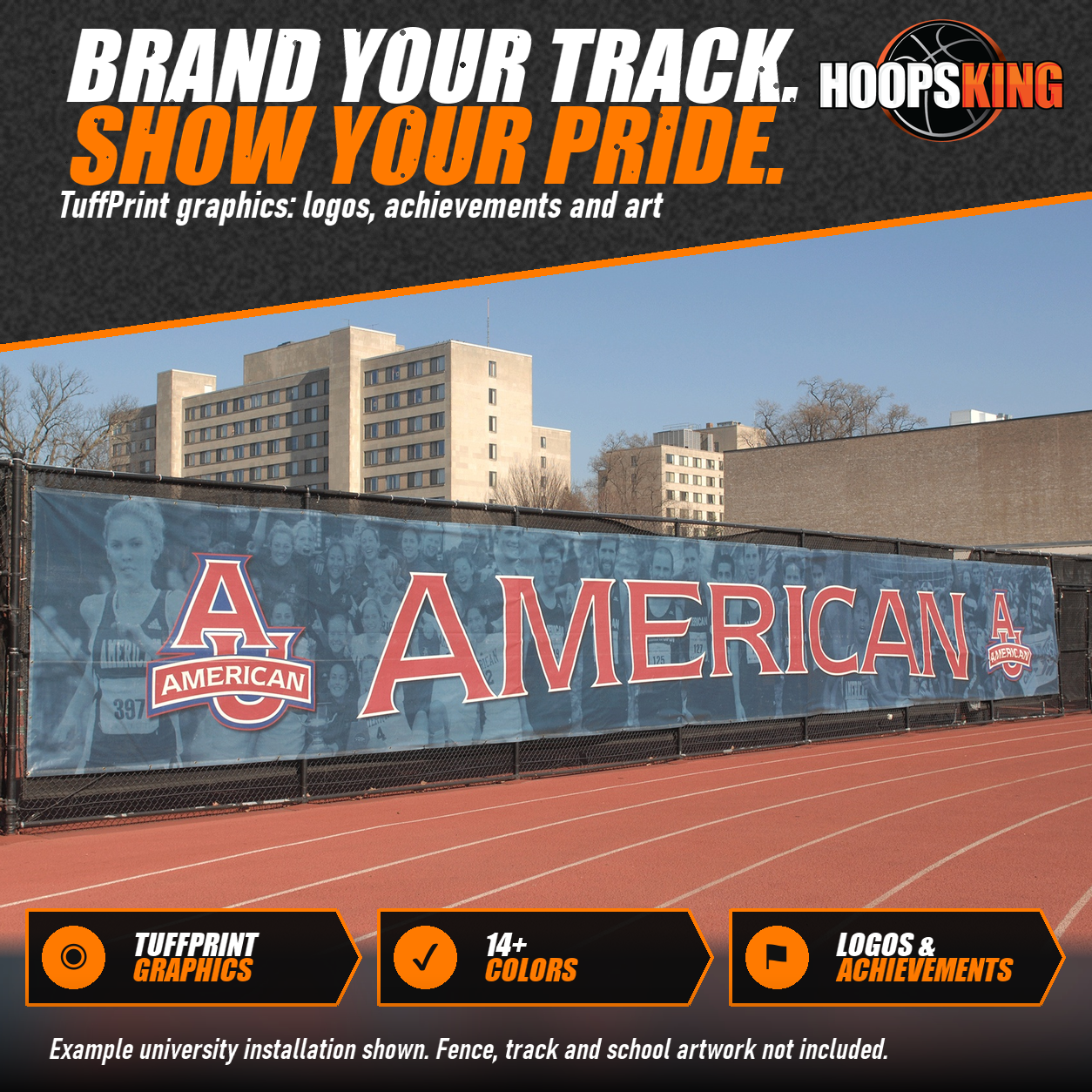Printed track windscreen with large red American lettering and AU logos over a photo of runners on a fence beside a track