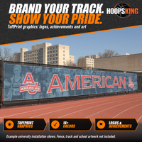 Thumbnail for Printed track windscreen with large red American lettering and AU logos over a photo of runners on a fence beside a track