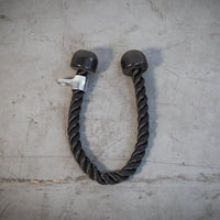 Thumbnail for Black triceps rope with silver attachment and black rubber ends, on a gray concrete background.