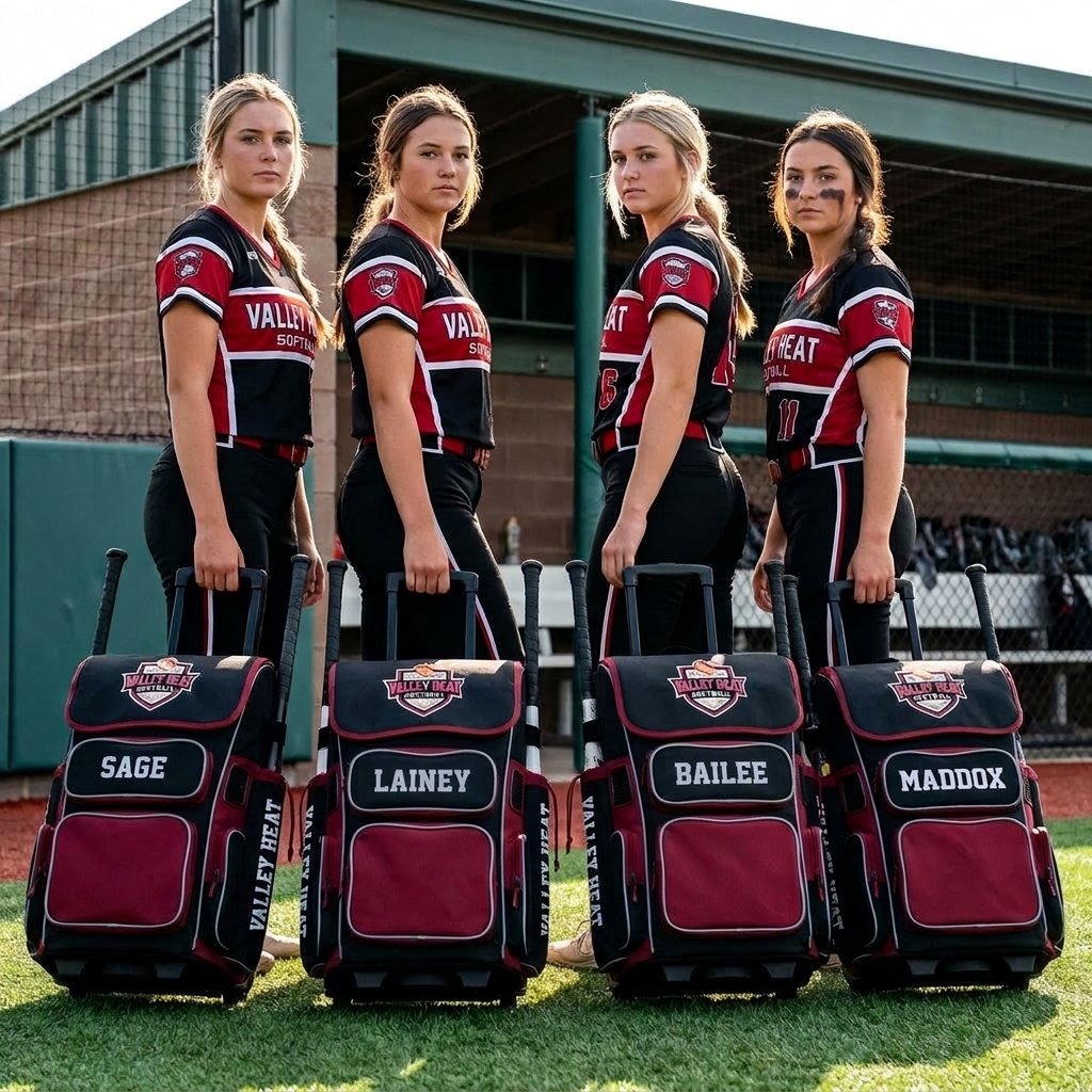 Valley Heat softball players with matching custom rolling bat bags and player names