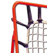 Close-up of orange frame with black bands holding white square netting.