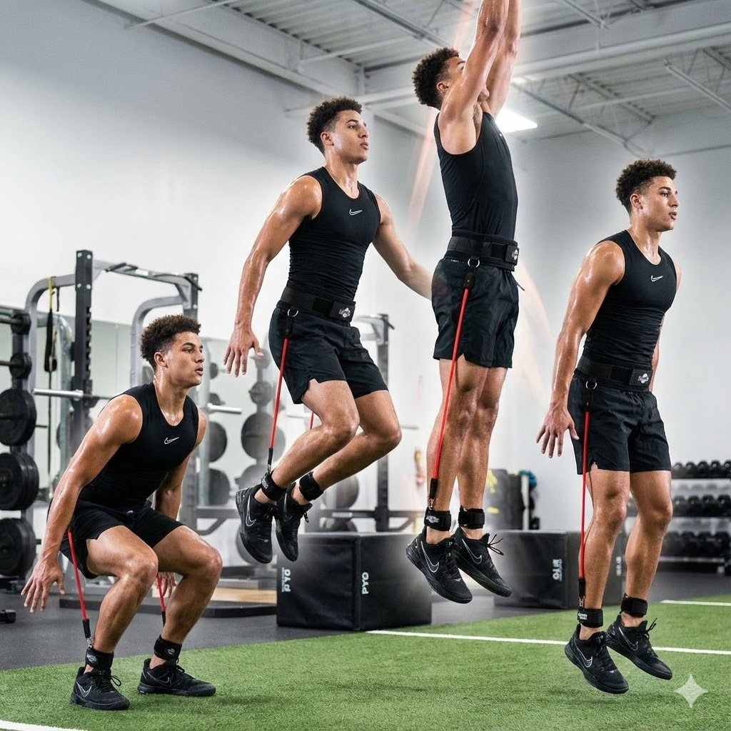 Man in black tank top and shorts using resistance bands for vertical jump training in a gym.