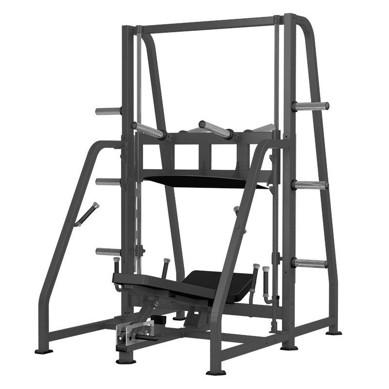 Dark gray vertical leg press machine with black seat and footplate, weight storage pegs, and safety stops.