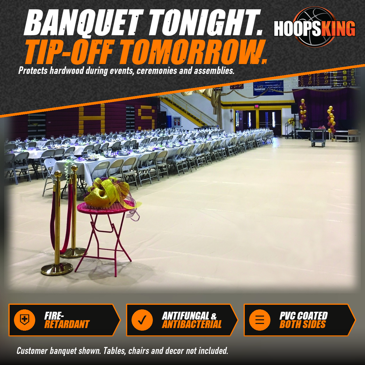 Tan GymGuard floor cover laid over a school gym floor set with long banquet tables, chairs, stanchions and balloons