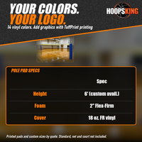Thumbnail for Spec chart for volleyball standard pole pads above a gym with a royal blue pad wrapped on the net standard