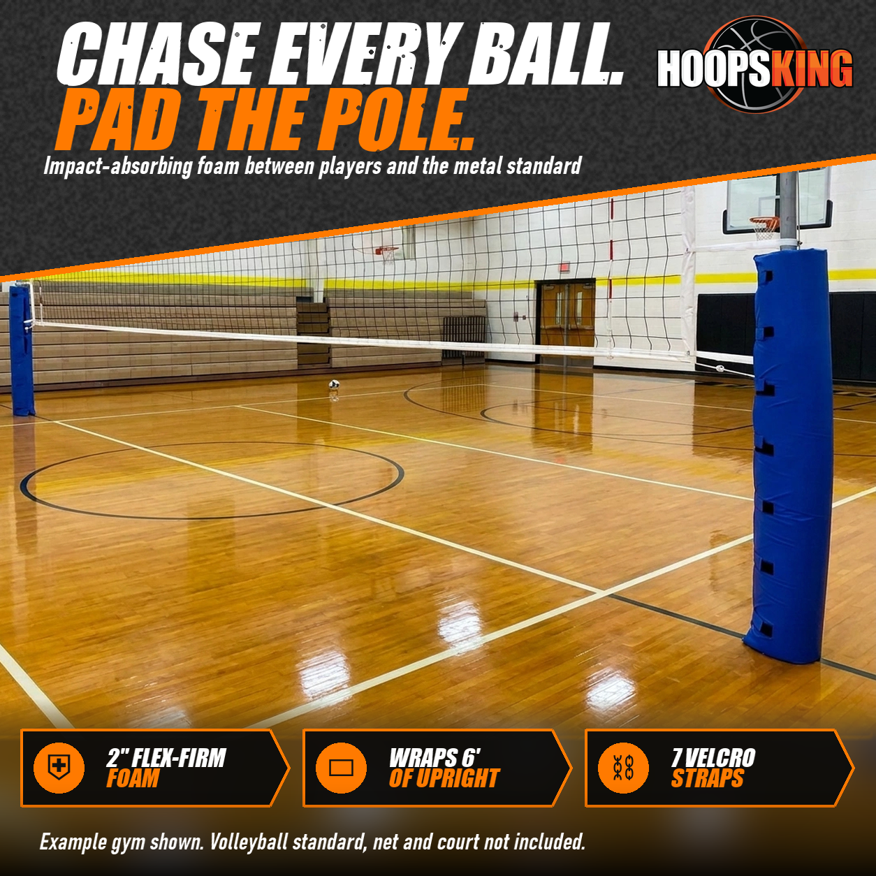 Royal blue wrap-around pad covering a volleyball standard upright beside the net in a school gym