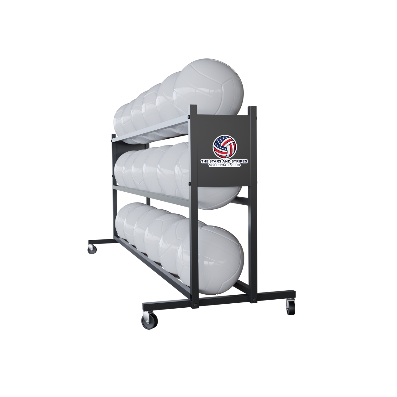 Three-tier gray rolling ball rack filled with white volleyballs, "Stars and Stripes Volleyball Club" logo on side.