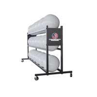 Thumbnail for Three-tier gray rolling ball rack filled with white volleyballs, 