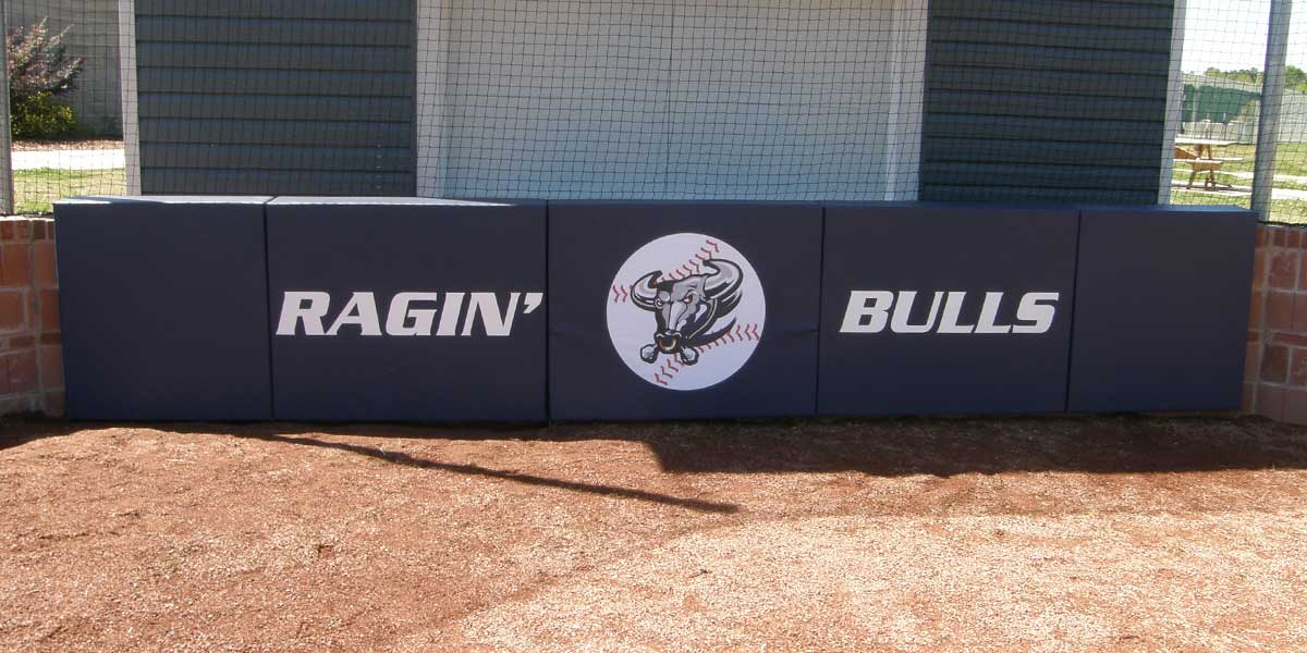 Charcoal L-shaped wall padding printed with a Ragin Bulls logo along a backstop wall