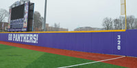 Thumbnail for Purple outfield wall padding printed with Go Panthers and a 320 distance marker