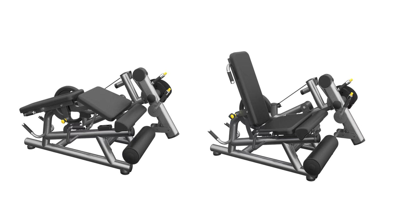 Two views of a gray and black leg extension/curl machine, one in prone and one in seated position.