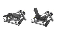 Thumbnail for Two views of a gray and black leg extension/curl machine, one in prone and one in seated position.