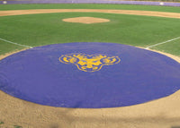 Thumbnail for Purple custom rain spot cover with gold West Chester University ram logo covering a baseball pitching mound on a college infield