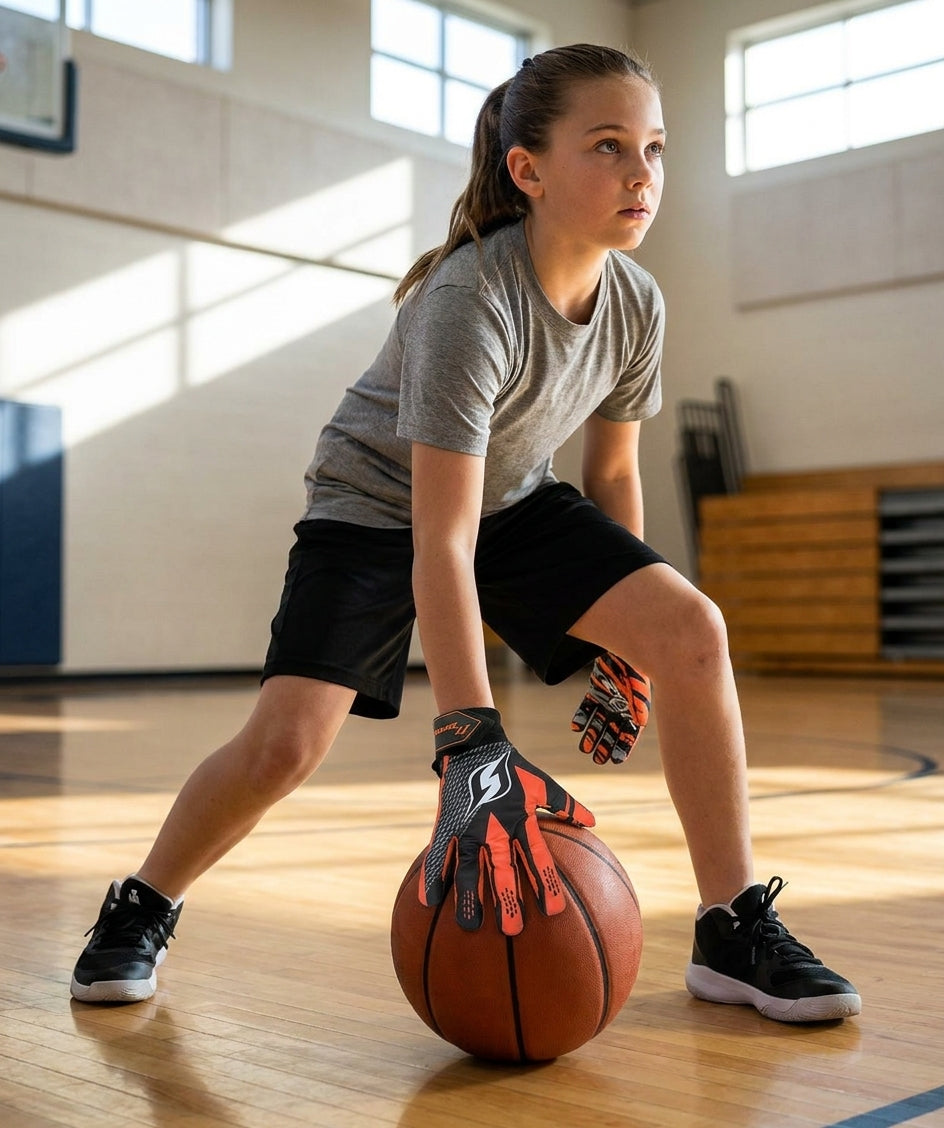 Youth player dribbling with Hoop Handz weighted gloves