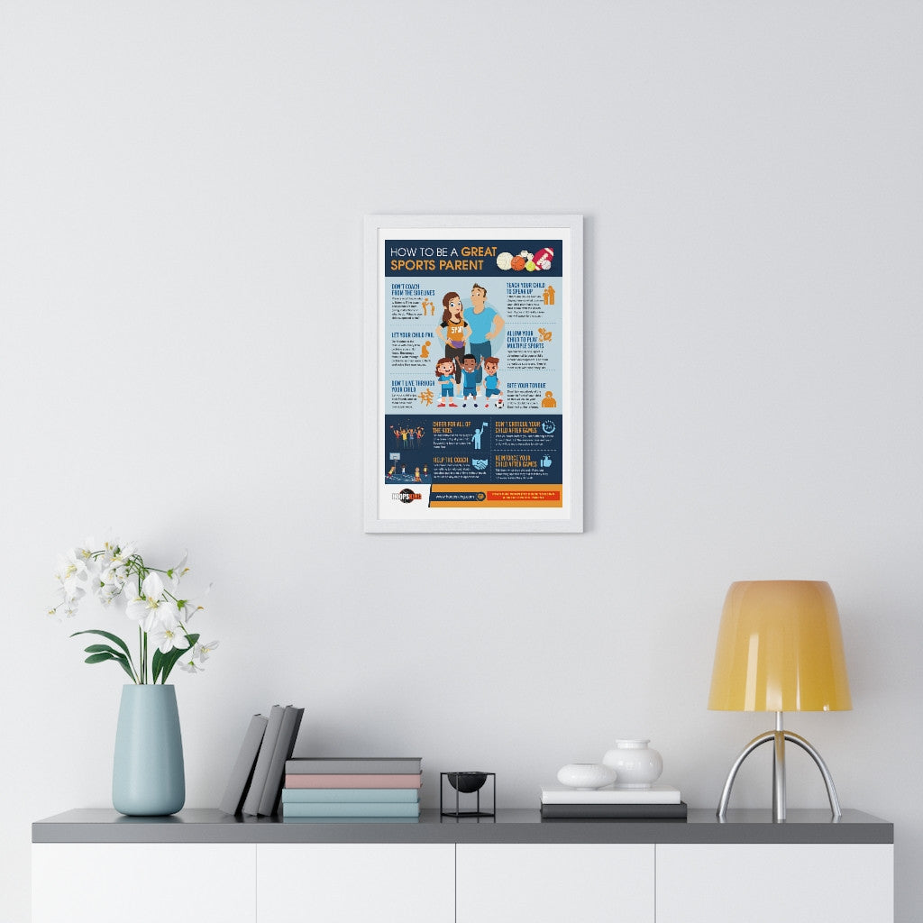 Infografía sobre cómo ser un gran padre deportista: póster vertical enmarcado de primera calidad