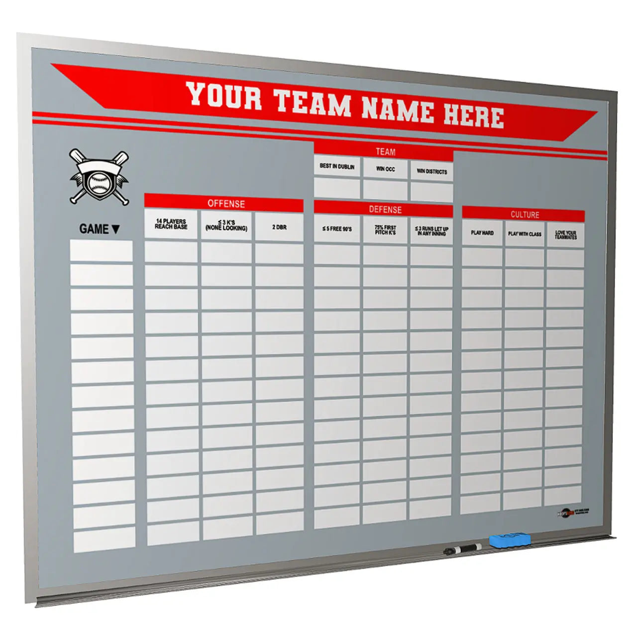 Baseball-Softball Wall Mounted Locker Room Magnetic Whiteboard HoopsKing