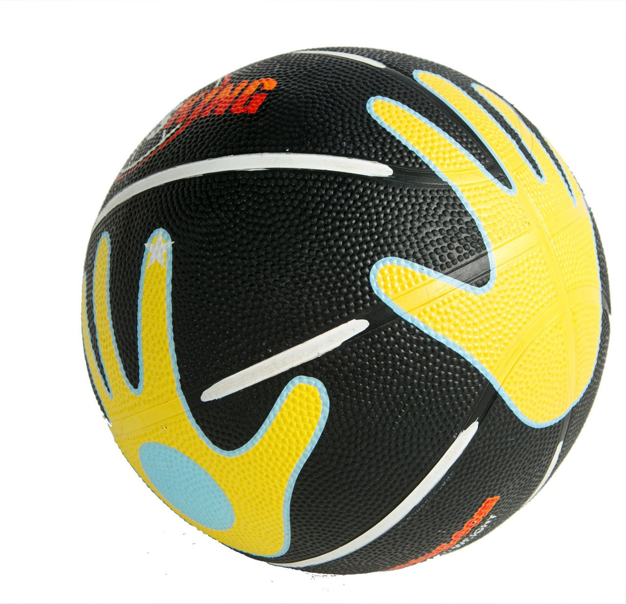 Basketball with hands printed on it.