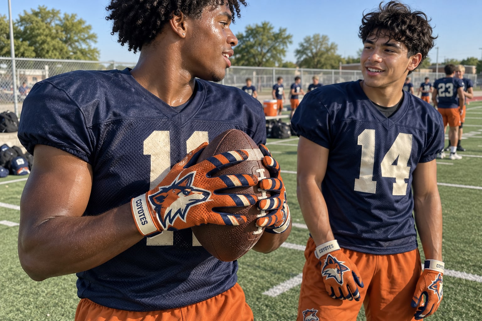Coyotes teammates wearing orange and navy custom gloves at practice.