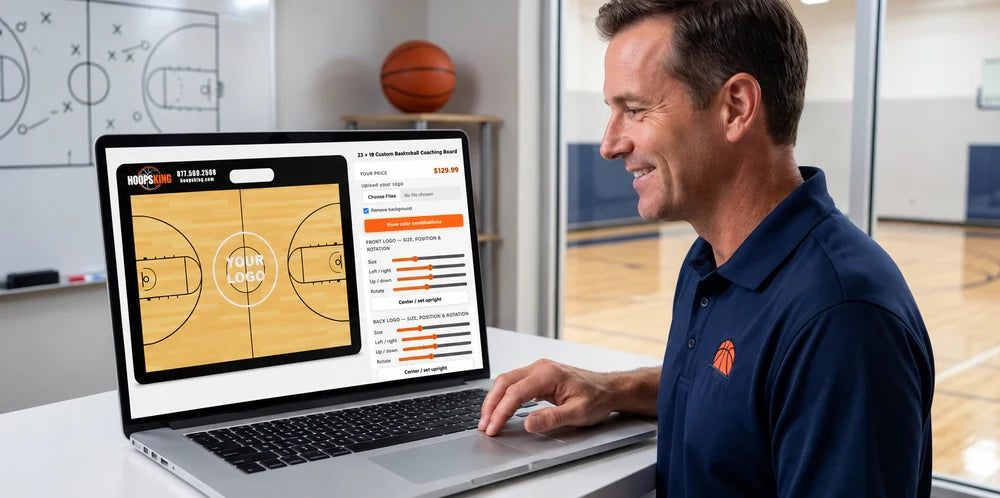 Coach using the HoopsKing 3D designer on a laptop to personalize a 23 by 18 inch basketball board with a built-in carry handle