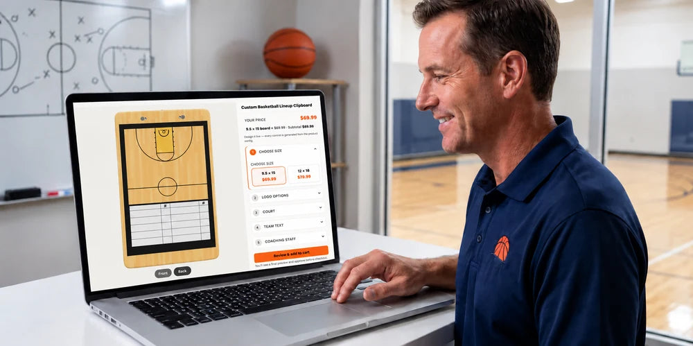 Coach using the lineup clipboard designer on a laptop with the half-court and player-names-and-numbers grid visible on the board preview