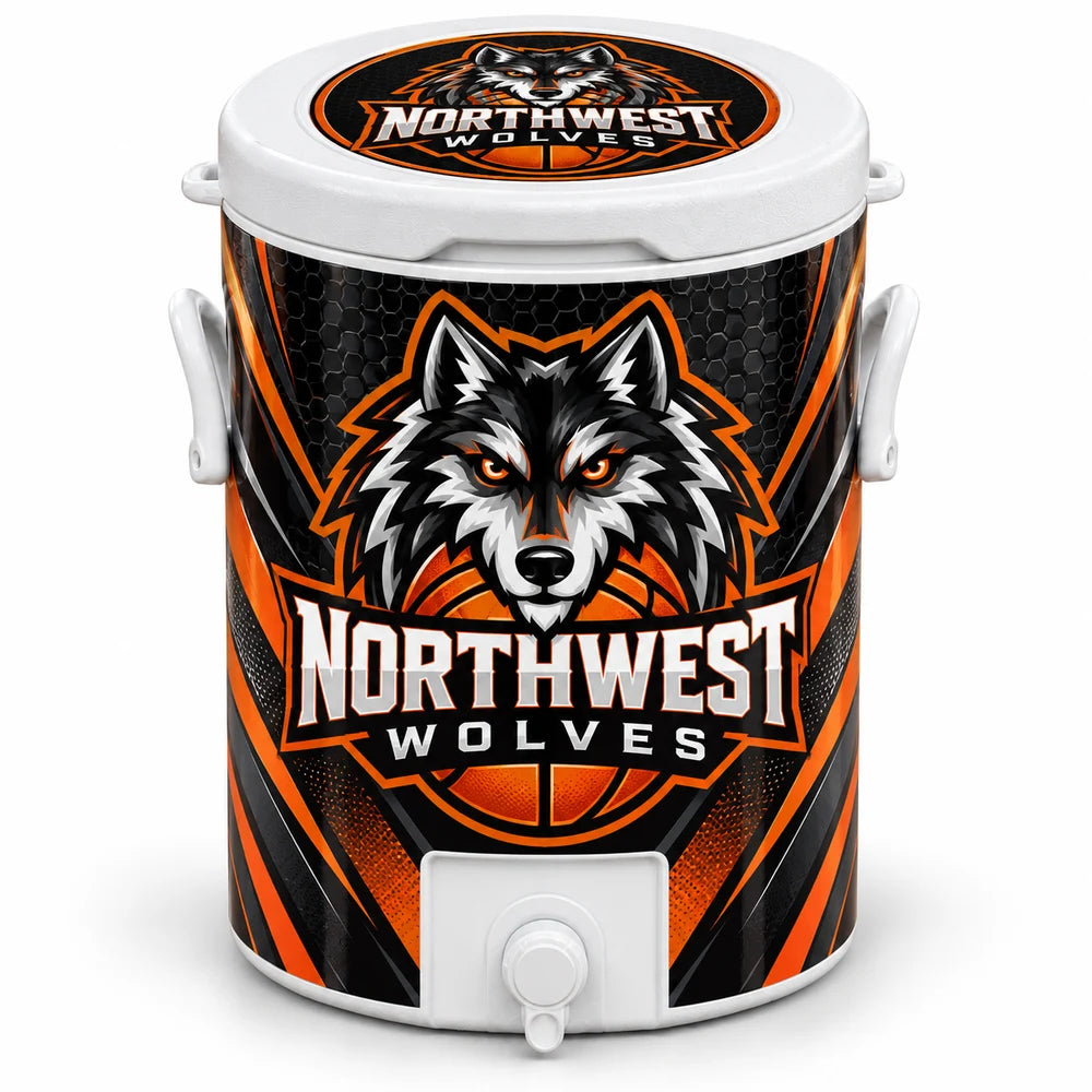 Elite ten-gallon Northwest Wolves custom cooler with full-height wrap and printed lid
