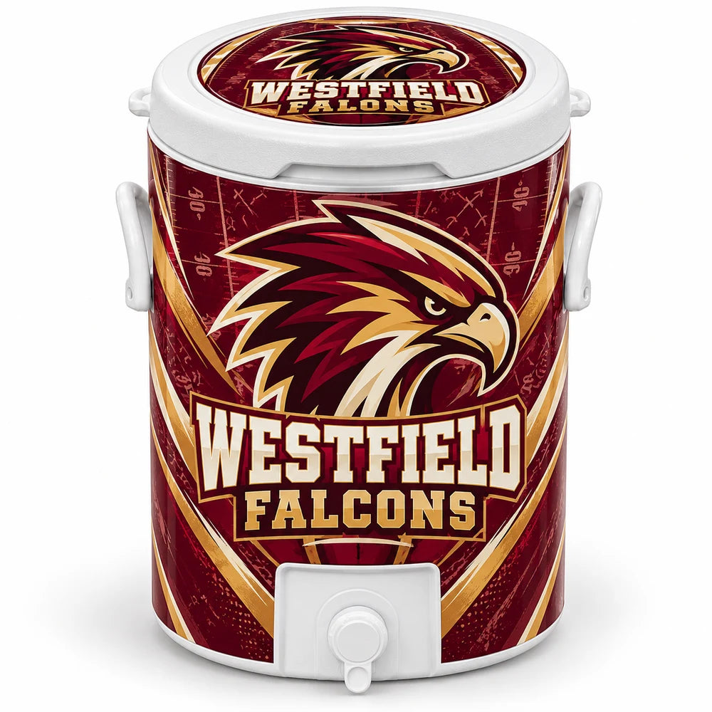 Westfield Falcons Elite 10-gallon custom cooler with coordinated body and inset lid graphics, white handles and broad white spout opening