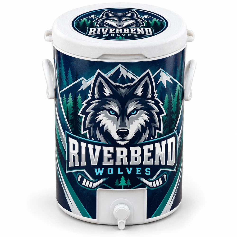 Riverbend Wolves Elite 10-gallon custom cooler with coordinated body and inset lid graphics, white handles and broad white spout opening