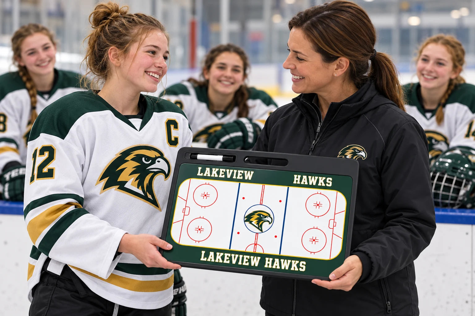 Illustrative Lakeview girls hockey team presenting their coach with a green custom Pro hockey board