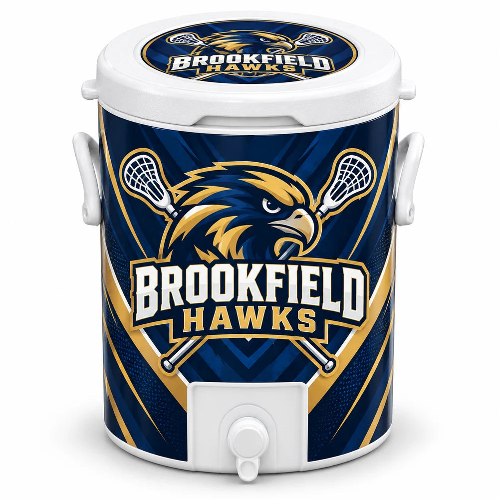 Brookfield Hawks Elite 10-gallon lacrosse cooler with navy and gold hawk-and-stick artwork on the body and inset lid, with white handles and a broad spout opening
