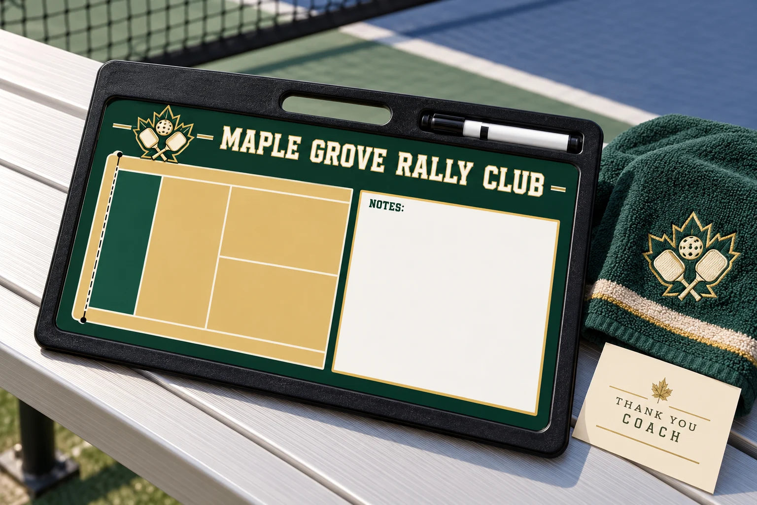 Illustrative forest-green Maple Grove Rally Club pickleball Pro board beside a thank-you card on a court bench