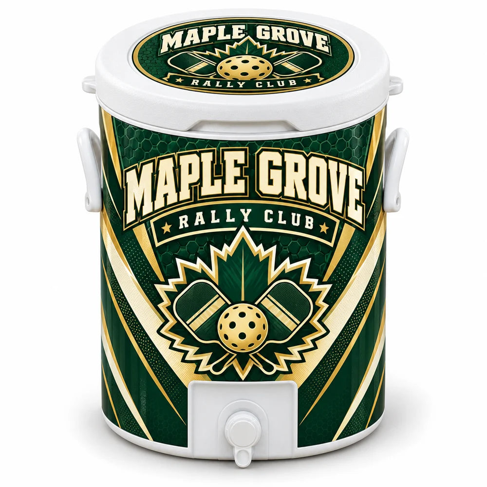 Maple Grove Rally Club Elite 10-gallon custom pickleball cooler with matching body and inset lid artwork, white handles and a broad rectangular spout opening