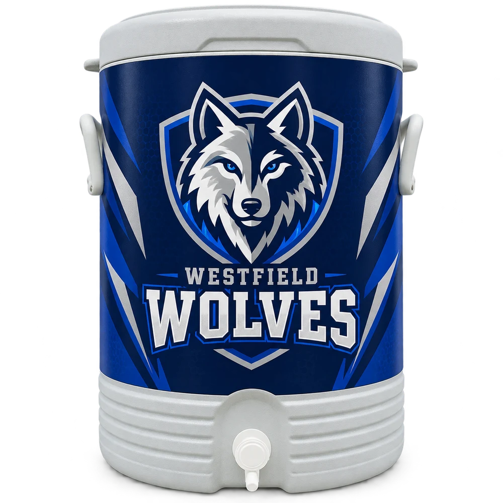 Five-gallon custom cooler with navy, royal blue and white Westfield Wolves athletic branding and an unprinted white lid