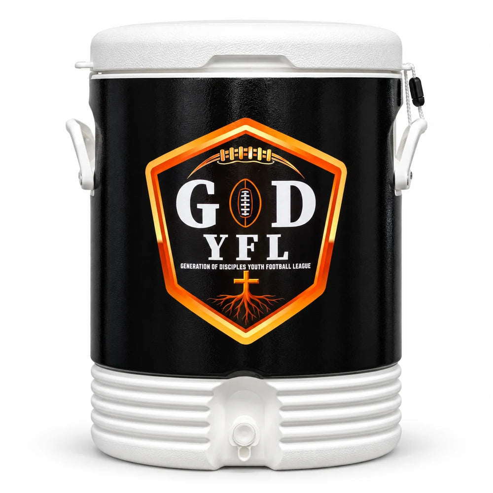 Standard ten-gallon custom football cooler with black and orange artwork, unprinted white lid and exposed ribbed white base